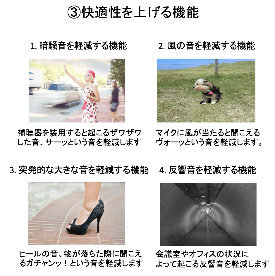 快適性をあげるもののまとめ。快適性と聞くと必要ない音を抑制する機能となるが、あくまでも補聴器が考える必要のない音を抑制する機能となる。その点に注意。