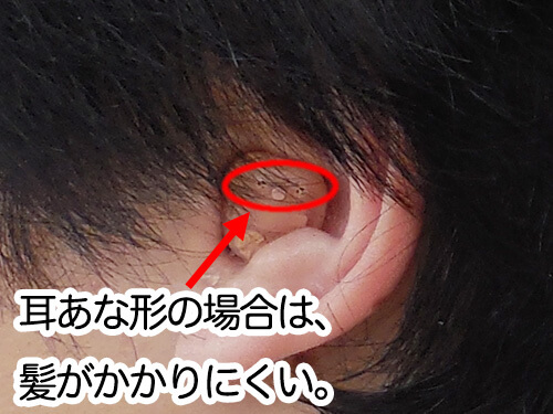 丸で囲んでいるのがマイク。このように髪が触れにくくなっている