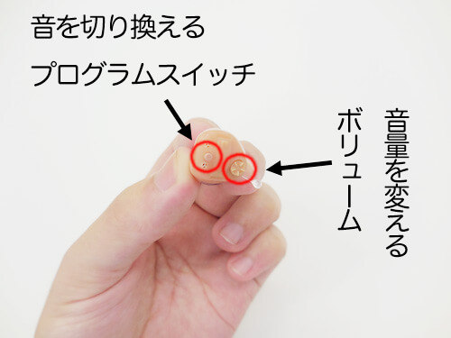 耳あな形補聴器の操作するもの。主にこの二つがある。どちらもリモコンで代用が可能だ。