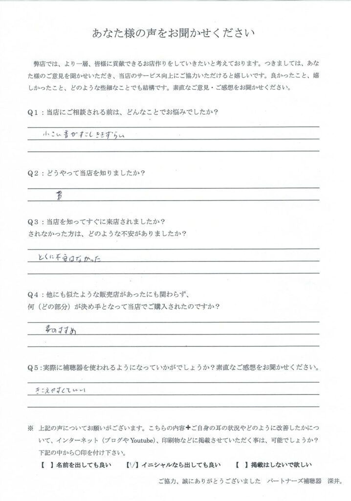 60代、男性。老人性難聴(加齢による難聴)の方、通常BTE補聴器(耳かけ形補聴器)にて改善。(ご本人様)