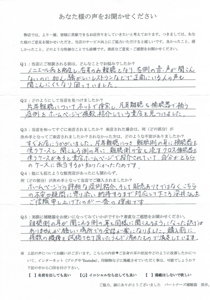 50代、男性。右耳、メニエール病発症による片耳難聴の方、RIC補聴器（耳かけ形補聴器）にて改善。