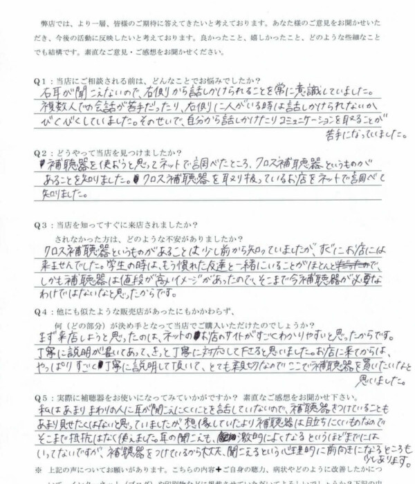 20代、女性。生まれつき片耳のみ感音性難聴の方、クロス補聴器にて改善。 20代、女性。生まれつき片耳のみ感音性難聴の方、クロス補聴器にて改善。
