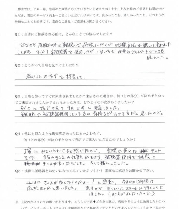 40代、女性、両耳とも難聴。両耳とも原因不明の感音性難聴(軽・中等度難聴)の方、RIC補聴器で改善。