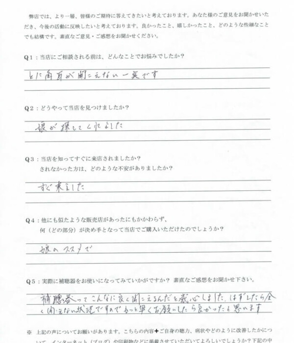 【ご本人】80代、女性、左右で聴力が異なる。右耳、老人性難聴(高度難聴)、左耳、突発性難聴(重度難聴)の方、片耳のみ補聴器を装用し、改善