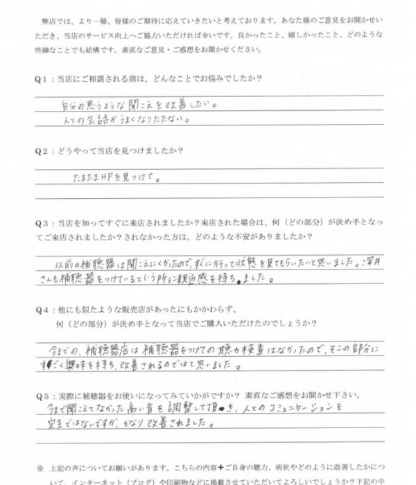 30代、女性、左右の聴力が異なる。生まれつきの感音性難聴、右耳、中等度難聴、左耳、高度難聴の方、耳かけ補聴器で改善