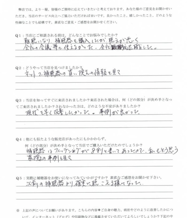 60代、男性。左耳:老人性難聴(加齢による難聴)、右耳:突発性難聴の方(左右の聴力差あり)、耳あな形補聴器(CIC補聴器)にて改善。 60代、男性。左耳:老人性難聴(加齢による難聴)、右耳:突発性難聴の方(左右の聴力差あり)、耳あな形補聴器(CIC補聴器)にて改善。