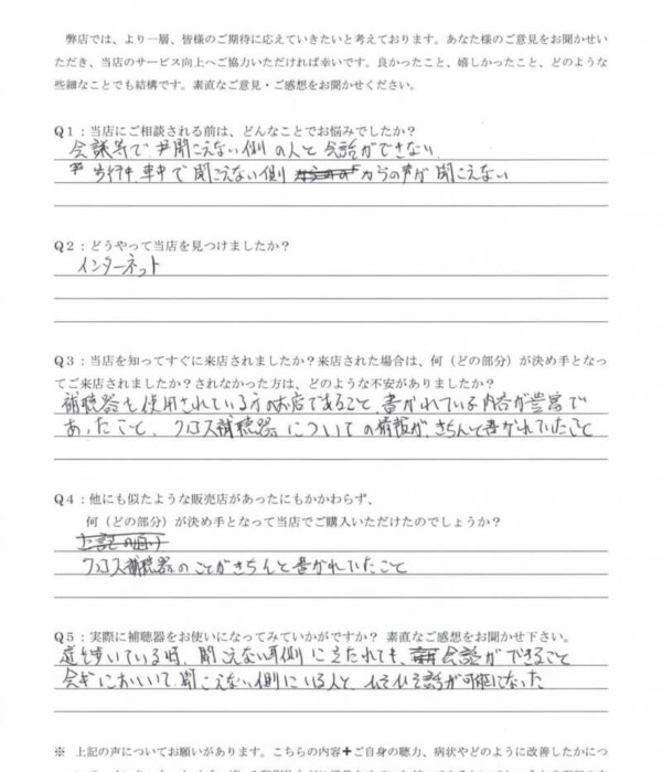 50代、男性。生まれつき片耳のみ感音性難聴の方、クロス補聴器にて改善。 50代、男性。生まれつき片耳のみ感音性難聴の方、クロス補聴器にて改善。