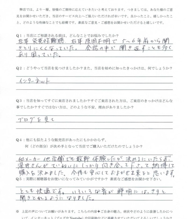60代、女性、両耳とも難聴の方。左・突発性難聴、右・原因不明の感音性難聴、RIC補聴器で改善。