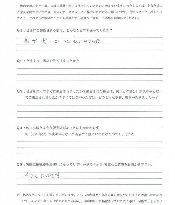 60代・男性。両耳とも加齢性による難聴の方?(原因不明)補聴器で改善。ご本人様の声。