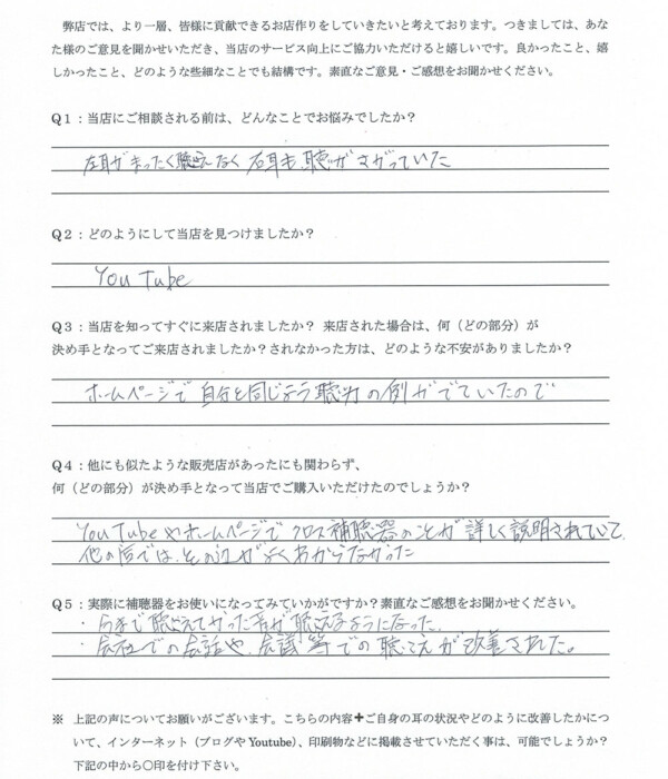 50代、男性。左耳、原因不明の感音性難聴、右耳、突発性難聴、バイクロス補聴器にて改善。 50代、男性。左耳、原因不明の感音性難聴、右耳、突発性難聴、バイクロス補聴器にて改善。