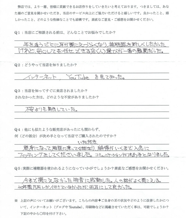 40代、男性。生まれつきの感音性難聴の方、CIC補聴器(耳あな形補聴器)にて改善。 40代、男性。生まれつきの感音性難聴の方、CIC補聴器(耳あな形補聴器)にて改善。
