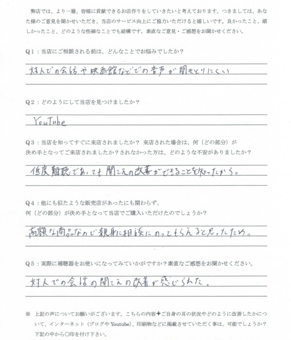 20代、男性、両耳とも生まれつきの感音難聴。RIC補聴器(耳かけ形補聴器)にて改善。 20代、男性、両耳とも生まれつきの感音難聴。RIC補聴器(耳かけ形補聴器)にて改善。